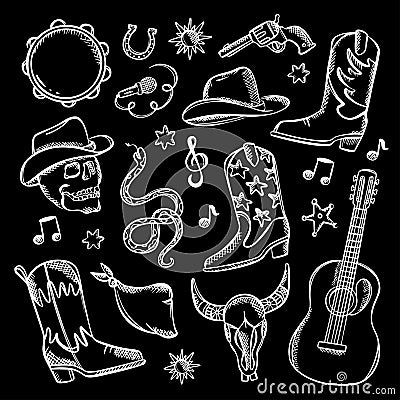 COUNTRY FEST Monochrome Western Music Symbols Vector Set Stock Photo